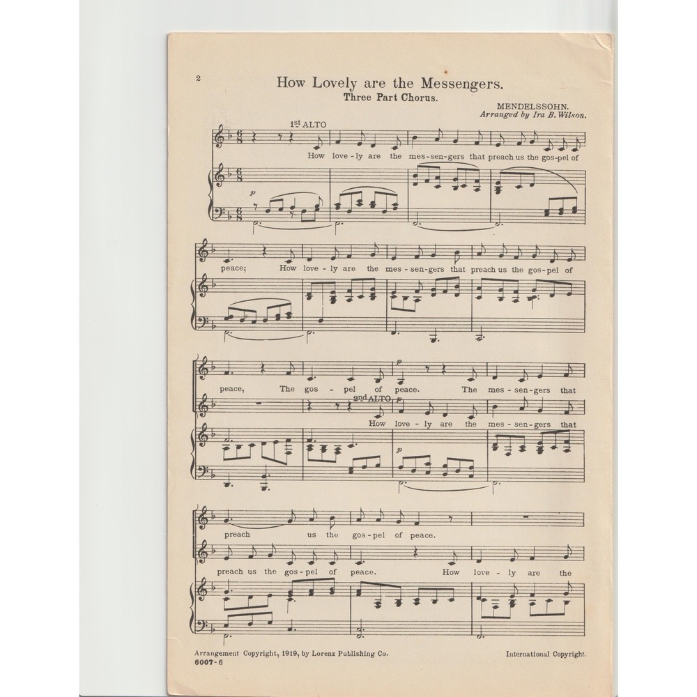 Felix Mendelssohn How Lovely are the Messengers Lorenz Sheet Music 1919 VG - Picture 2 of 2